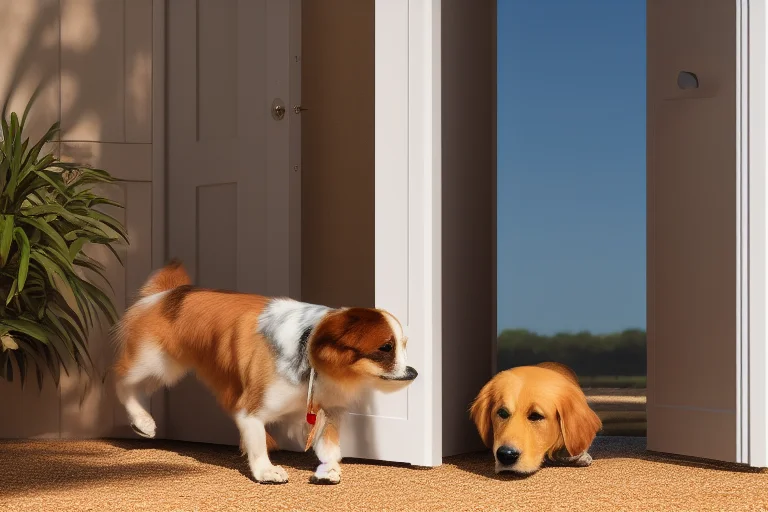 分步示意图：主人用零食引导狗狗接近并进入开着门的笼子