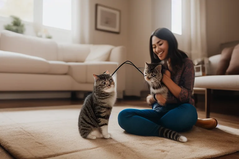 主人在傍晚时段用逗猫棒与猫咪进行高强度互动，帮助消耗其精力