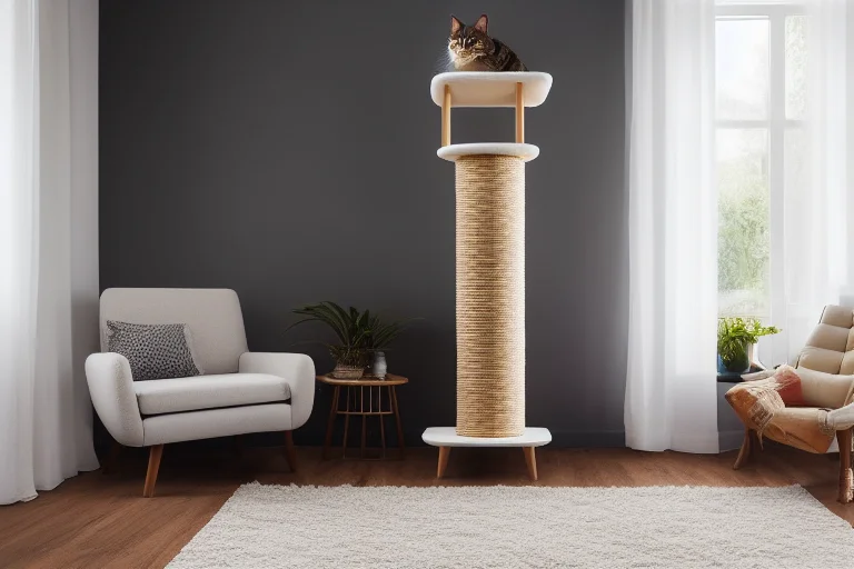 一个经过猫咪友好化改造的现代客厅：窗边有高高的猫爬架，墙上有供攀爬的架子，猫抓板，以及舒适的猫窝