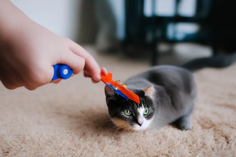 使用逗猫棒与猫咪互动，将玩耍对象从手转移到玩具上