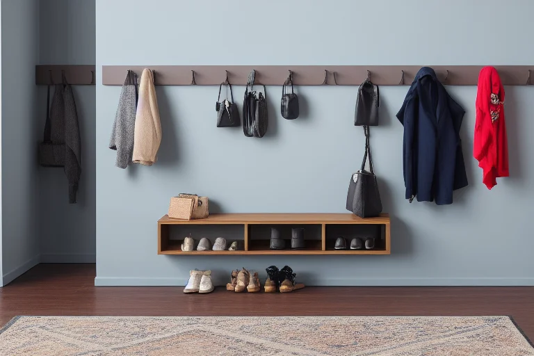 墙面垂直收纳系统：挂钩、搁板、雨伞架各司其职，最大化利用空间。