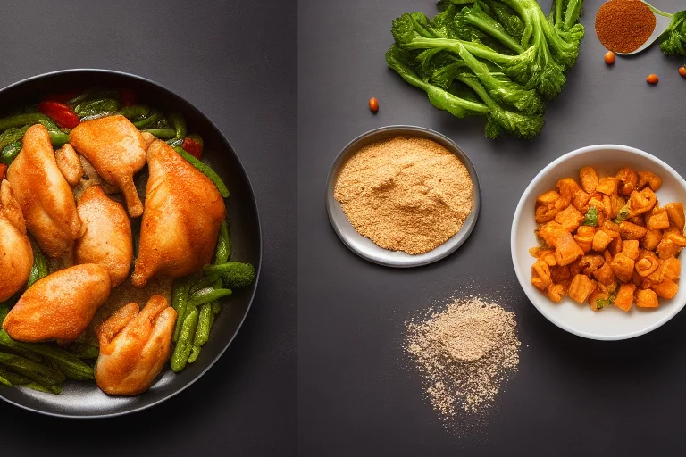 新鲜鸡肉与鸡肉粉的直观对比，后者是脱水的蛋白质浓缩物