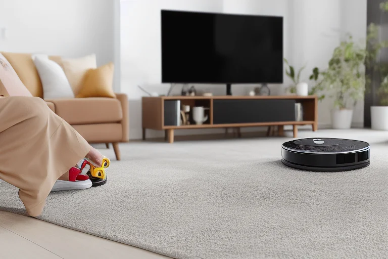 现代家庭场景中，扫地机器人正在智能避障并清洁地面