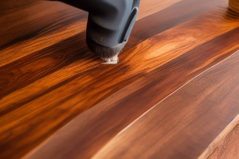 工匠正在用布为实木餐桌涂抹木蜡油，近距离展示木材吸收油脂的过程