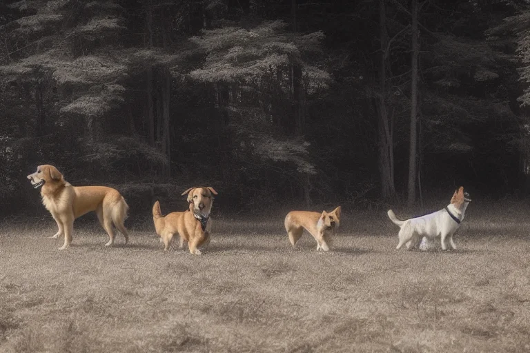 三大犬种历史功能图示：金毛寻回水禽、柯基牧牛、柴犬山林狩猎