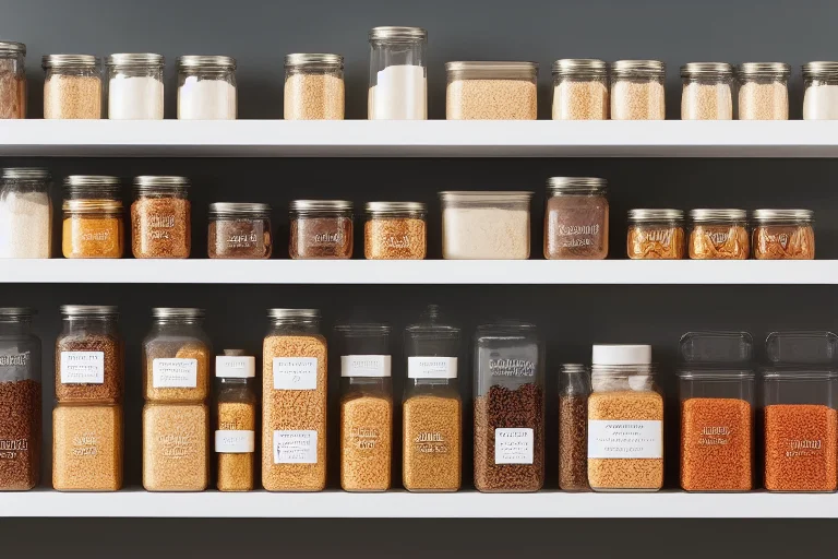 整洁有序的厨房食品柜，使用统一透明的容器和清晰的标签。