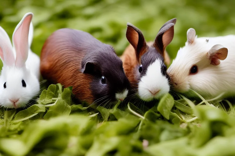 仓鼠、兔子和豚鼠共同进食牧草和蔬菜，展示其食草/高纤维需求本质