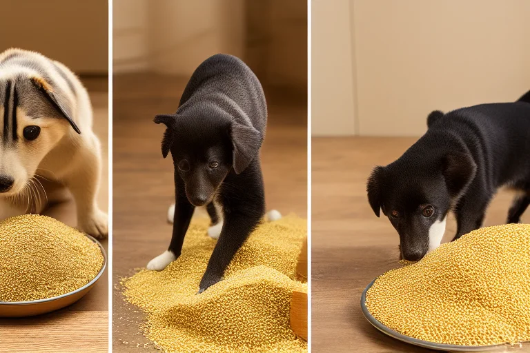 幼年、成年、老年小型宠物食盆对比图，展示不同生命阶段食物配比差异