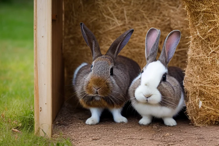 一只在宽敞、设施齐全的笼舍中的快乐家兔，拥有草架、躲避屋和玩具