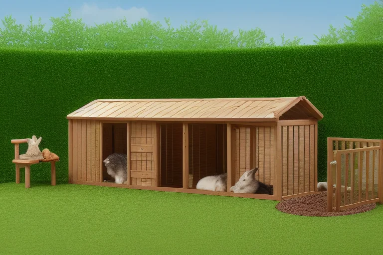 一个分区合理的兔子围栏示意图，展示睡眠躲避屋、紧邻厕所的草架、食盆以及带有玩具的开放玩耍区