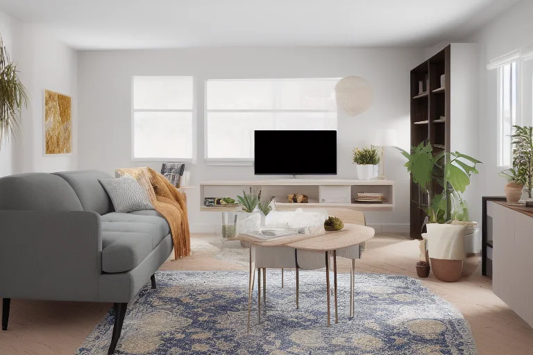 现代小户型客厅示例：浅色系、尺度合宜的沙发与智能收纳结合，营造通透感