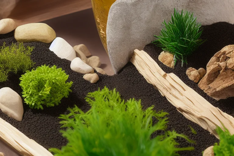 水陆生态缸分步构建过程：从左至右分别为搭建骨架、铺设底床、种植植物和注水完成。