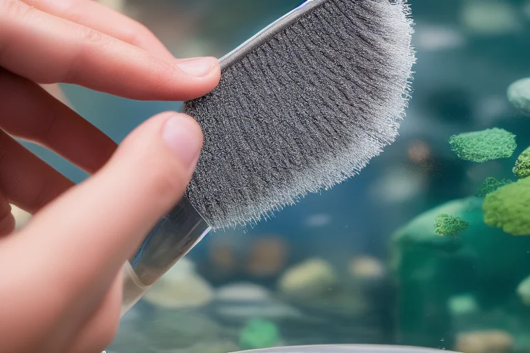 维护微景观：使用刮藻刀清理小型鱼缸缸壁上的藻类，旁边摆放着维护工具。