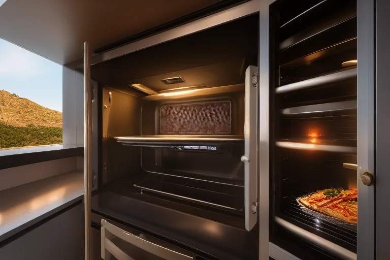 嵌入式蒸烤一体机内部结构示意图，展示加热管与热风循环风扇