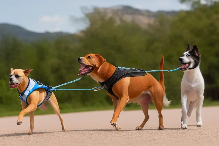 前扣式胸背带与后扣式胸背带在狗狗爆冲时受力与效果的对比示意图