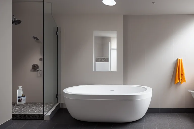 现代卫生间清洁场景，工具整齐摆放，体现专业与高效