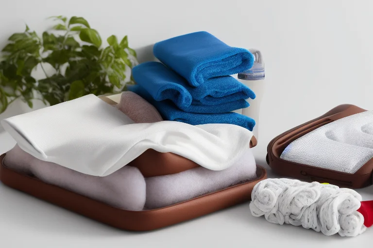 一组摆放整齐的实用婴儿用品：白噪音机、婴儿背带、奶瓶消毒器和柔软的拍嗝巾。