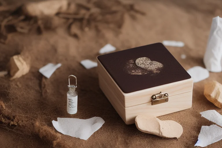 一个精美的记忆盒特写，里面装有宝宝的石膏手印、一小缕头发和定制的名字积木，摆放于柔软的织物上。