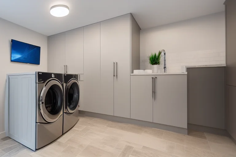 现代洗烘套装叠放于洗衣房，设计简洁，极大节省空间
