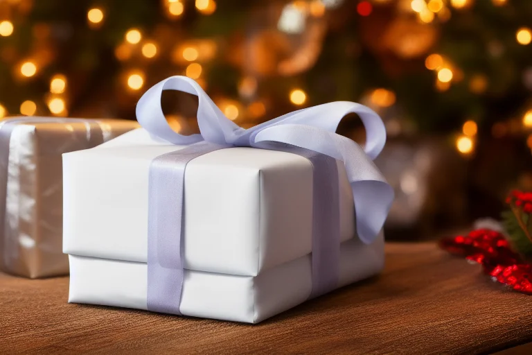 一份精心包装的礼物置于现代办公桌上，象征着对职场新人的美好祝福。