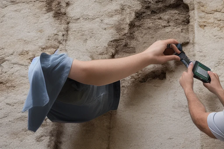 专业人员使用湿度检测仪检查老房墙面