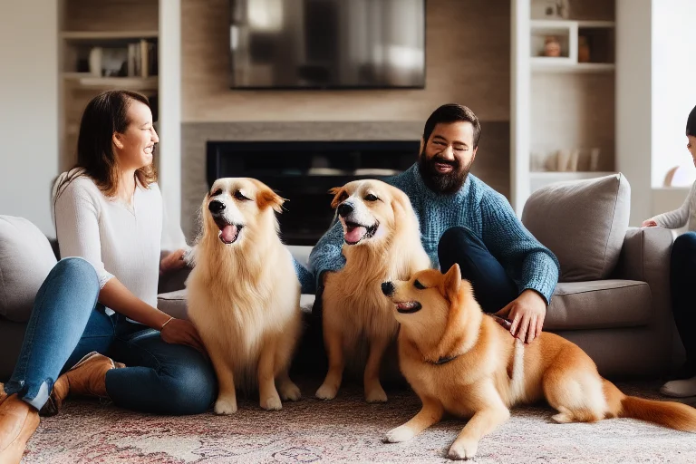 与训练有素的金毛、柯基、柴犬和谐共处的家庭场景